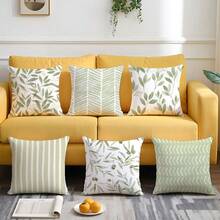 6 pièces Housses de coussin à motif géométrique de feuilles minimalistes vertes, imprimées sur un seul côté en velours pêche, 45*45/50*50/40*40CM Housses de coussin pour décoration de canapé en tissu moderne, décoration de fête, cadeau - 6 pièces - Vert - Voir 9