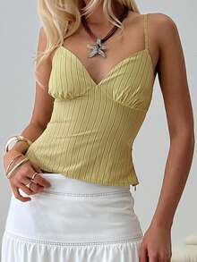 Y2K Spaghetti Strap Tank Top For Women Striped V Neck Camisole Tops Teen Girls Cute Summer Going Out Tops - 綠色 - 查看 4