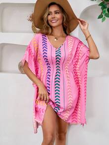 褶皱印花波西米亚长款沙滩裙泳衣罩衫休闲夏季迷你连衣裙 - 玫紅色 - 查看 4