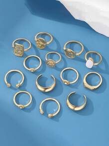 13pcs/Set Retro Rhinestone Hollow Portrait Adjustable Ring Set - Suitable For Daily & Casual Occasions