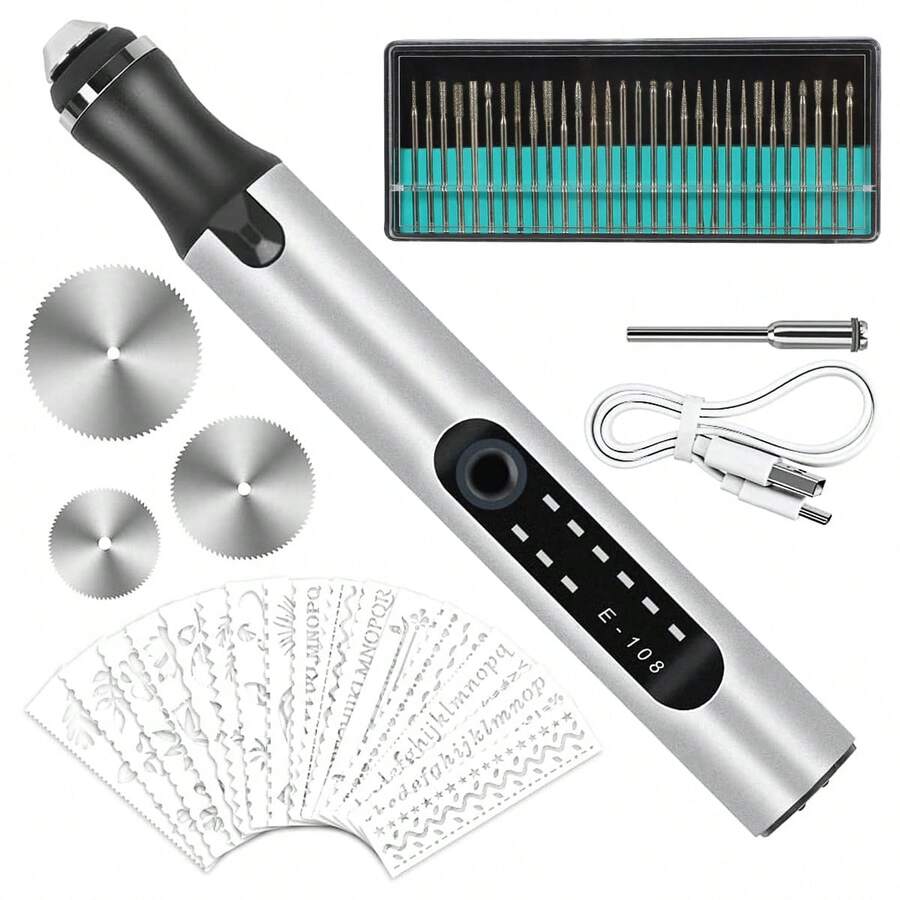 Electric Engraving Pen Tool Kit USB Rechargeable Engraver Etching Pen Mini Cordless Carve Tool For DIY Art Carving Glass Wood Metal Stone Plastic Nails Jewelry - Silver - View 1