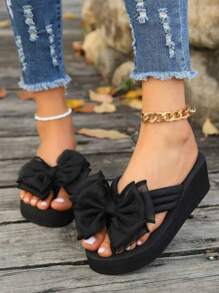 Pantuflas de mujer con lazo y suela talla grande gruesa - Sandalias de verano a la moda, de material EVA cómodo, suela gruesa adecuada para uso exterior, ideal para playa o jardín casual, sandalias de dedo abierto, zapatos con tracción duradera, calzado de playa