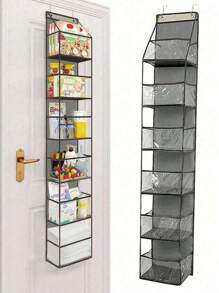1pc 6-Compartment Foldable Hanging Bag For Snacks, Toys, Clothes Storage, Grey, With 2 Hooks For Wall/Cabinet/Door Hanging In Kitchen/Bathroom,Rear Door Storage Hanging Bags, Wall-Mounted Fabric Storage Bags, Dormitory Organizational Gadgets, And Household Wall-Mounted Storage Solutions.