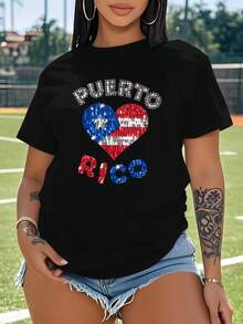 Sequins Celebrating Puerto Rico Large Size Women's Short-Sleeved T-Shirt (Non-Sports) - 黑色 - 查看 1