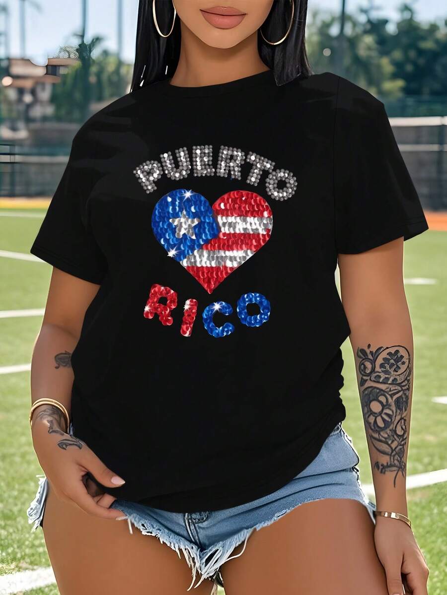 Sequins Celebrating Puerto Rico Large Size Women's Short-Sleeved T-Shirt (Non-Sports) - 黑色 - 查看 1