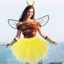 4/5 Stücke Bienen Kostüm für Erwachsene Frauen, gelbe Bienen Kopfbänder mit Antennen, transparente Flügel, gelber Tüllrock, gestreifte Stulpen Socken und Handschuhe für Karneval, Ostern Tier Cosplay Party Kostüme