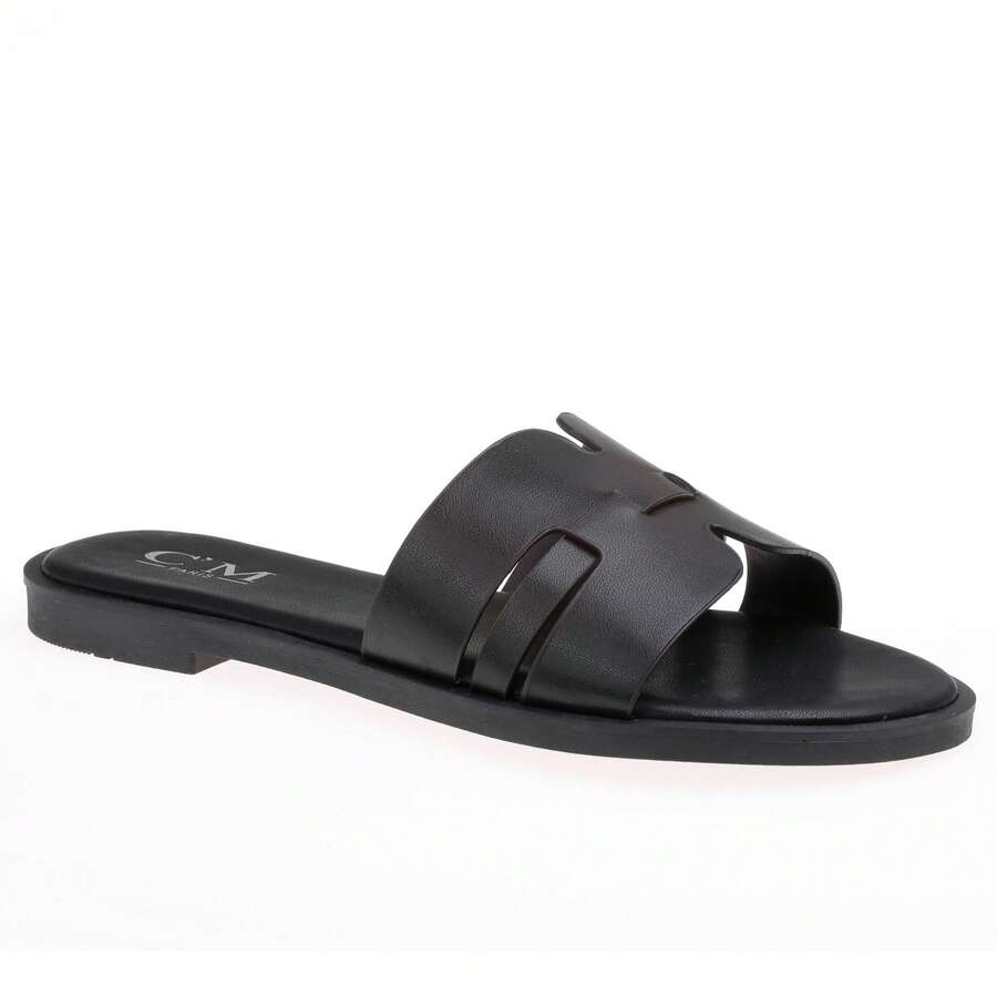 Women's Minimalist Flat Slide Sandals With Cut-Out Strap Design – Lightweight And Easy To Wear - Black - View 1