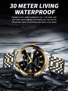 Reloj de lujo BINBOND para hombre, elegante, con fecha y día, resistente al agua, luminoso, reloj de cuarzo de acero inoxidable para deportes de hombres - Negro - Ver 4