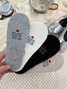 4 Pairs Women's Spring/Summer/Autumn Letter & Heart Print Thin Invisible Boat Socks With Non-Slip Heel Design, Suitable For Daily Wear - Multicolor - View 11