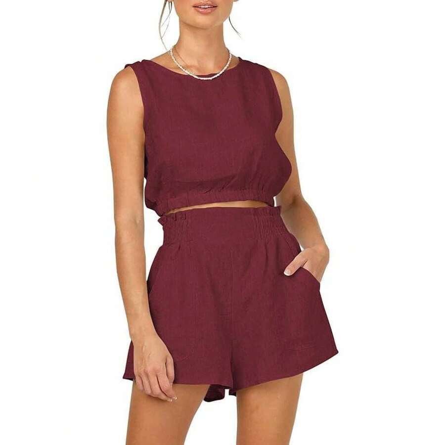 Conjunto de 2 piezas de verano para mujer, top sin mangas y shorts de cintura alta con bolsillos, ropa para mujer con cuello redondo - Rojo - Ver 1