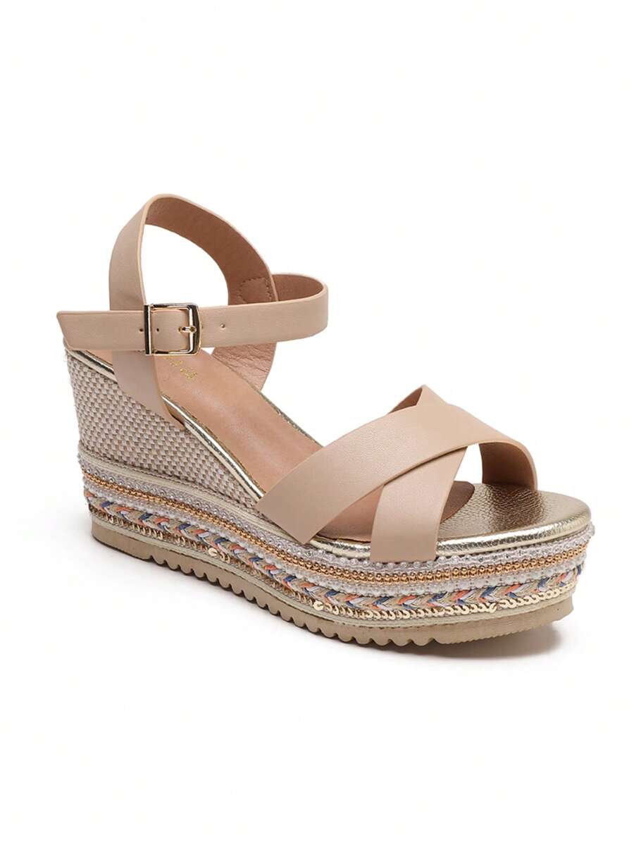 Summer Wedge Sandals With Cross Straps And Beaded Platform Sole - Apricot - View 1