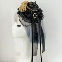 1 Stück Vintage Gothic Stil Rose Spitze Mini Hut, Lolita Stil Haarschmuck mit kleiner Kreuz Perlen Kette, Haarspange mit burgunderroter Blumen Deko für Partys, Kostümspiele, passend für Hochzeit, Ball und besondere Anlässe, exquisite Spitze