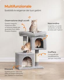 Albero per Gatti, 67 cm, Tiragraffi, S, Condominio per Gattini fino a 3 kg, Ampio Posatoio, 2 Grotte, Graffiatoio, Grigio Chiaro - Grigio Chiaro - Visualizzare 3