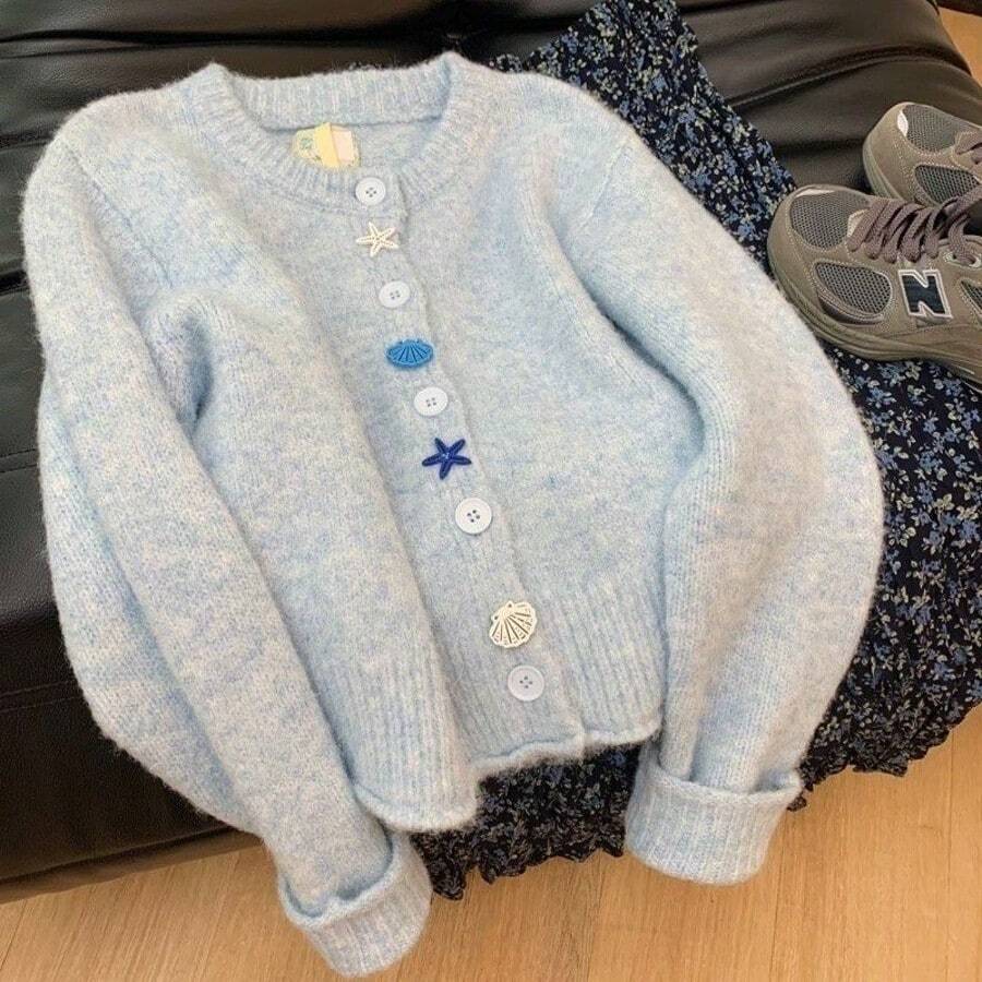 MURAMASA Cárdigan de punto con estilo oceánico primaveral para mujer, cárdigan suave de cuello redondo con botones de estrella de mar y concha, perfecto para fiestas del Día de San Patricio de moda casual - Azul - Ver 1
