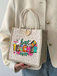 Túi vải lanh in chữ hoa "Best Teacher" (Người thầy tuyệt vời nhất), quà tặng Ngày Nhà giáo, túi tote in hình có thể tái sử dụng, túi tote đi làm hàng ngày. - Màu Khaki - Xem 8