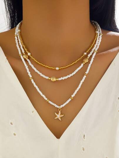 3 piezas Collar ajustable de estilo boho de playa con estrellas de mar de metal y perlas de concha para mujer