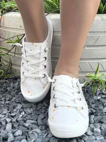 女士休闲碎花平底鞋，时尚白色雏菊图案，适合万圣节、圣诞节、夜总会派对，柔软、舒适、透气、防滑，加大码，适合户外散步和运动