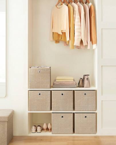 Scatole Portaoggetti, Set di 6 Contenitori in Tessuto Non Tessuto con Manico, 30 x 30 x 30 cm, Unità di Organizzazione, per Scaffale, Pieghevoli, Porta Abiti, Beige Sabbia, Ritorno a Scuola