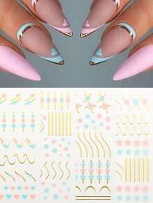 爱心花线贴花法式美甲贴纸自粘彩色美甲用品指甲设计装饰配件 - 彩色 - 查看 3