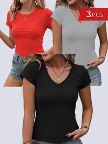 Women's Fashion T-Shirts - Elegant Summer Tees In 2-Pack And 3-Pack Options, Multiple Color Combinations For Stylish Outfits - 黑加紅加淺灰 - 查看 1