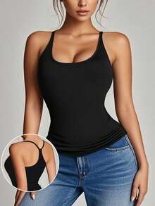 1pc Backless Casual Minimalist Sleeveless Loose Long Tank Top With Deep V Neckline - Black - View 2