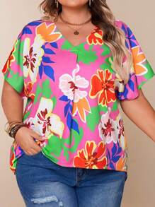 Plus Size Casual Loose Batwing Sleeve Short Sleeve V-Neck Blouse With Vacation Graphic Print, Front Short Back Long