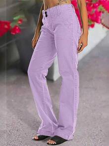 Women's Wide Leg Cargo Pants Mid Waist Straight Leg Business Casual Work Dress Pants - 紫色 - 查看 2