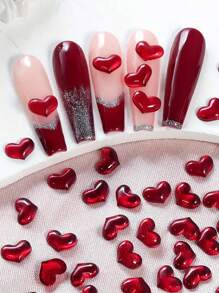 30pcs Heart Shaped 3D Nail Decorations, Cherry Red Rhinestone, Transparent Nail Jewelry, Odorless, DIY Finger Decors, Valentine"S Day Nail Accessories