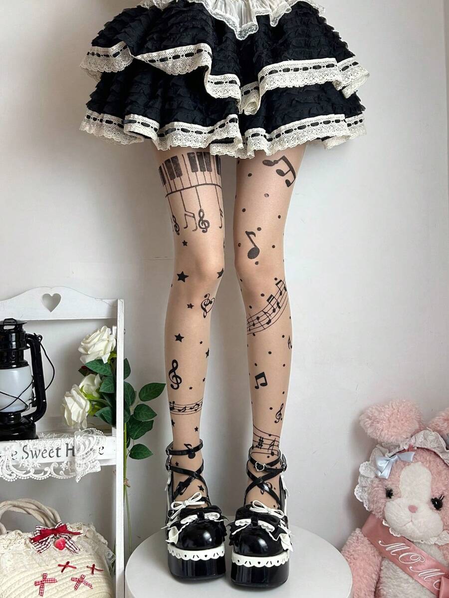 1 Par de Pantimedias de tono carne con estampado de nota musical, sexy y de moda, para mujeres