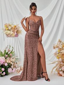 ADYCE 女士吊带深V领前开衩露背系带正式长裙，适合派对、盛会、正式晚宴、婚礼宾客、毕业典礼等场合，优雅正式，亦可作为圣诞派对礼服或感恩节服装。 - 藕粉色 - 查看 8