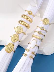 13pcs/Set Retro Rhinestone Hollow Portrait Adjustable Ring Set - Suitable For Daily & Casual Occasions