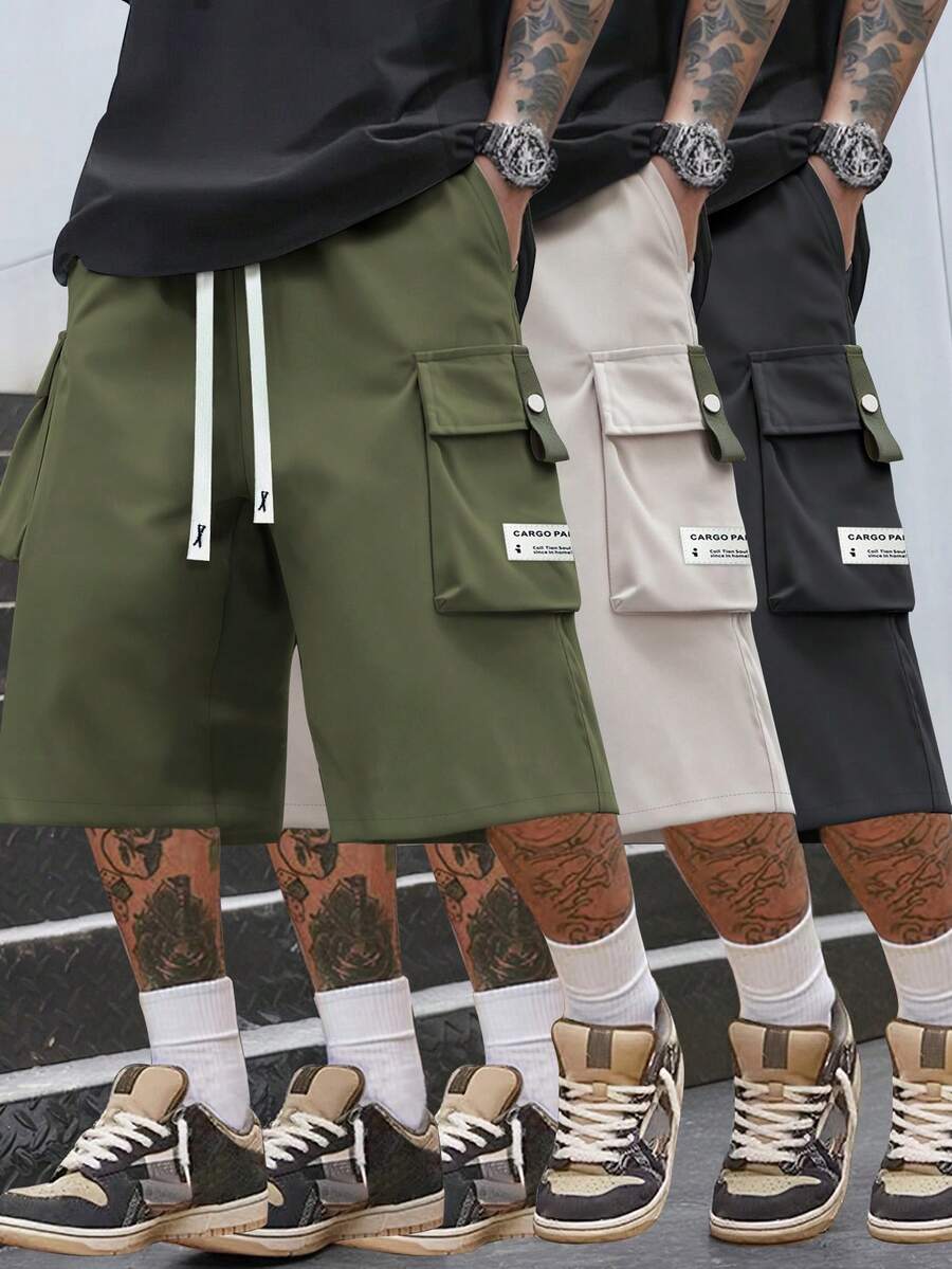 Pantalones cargo 3/4 ligeros para hombres con cintura con cordón, bolsillos grandes, parches con letras, pantalones deportivos casuales para uso diario, verano