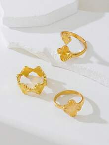3pcs Alloy Flower Hollow Non-Fading Metal Plated Durable Rings Set - Yellow Gold - View 3