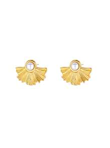 1 Par de Pendientes tipo botón con hojas de ginkgo de lujo para mujeres, de color dorado, con perlas falsas de acero inoxidable. Joyas de moda para boda, nuevo diseño 2025, regalo