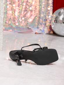 Giày cao gót đế xuồng màu trơn gợi cảm dự tiệc cưới bằng da PU có khóa cài, thích hợp cho ngày lễ, đám cưới, tiệc tùng, văn phòng, ngoài trời, mùa hè, dép xăng đan đính đá PU tráng gương màu đen - màu đen - Xem 5