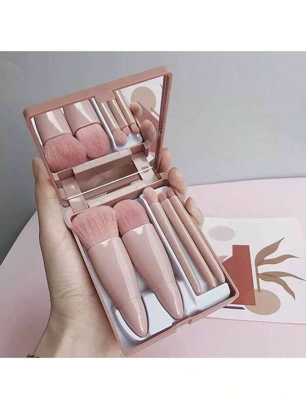5pcs Portable Makeup Brush Set With Mirror Case, Comfortable Plastic Handles, Suitable For Foundation, Powder, Eyeshadow, Lip, Small Compact Makeup Tools, Gift For Women
