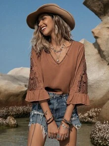 Rusttydustty Áo kiểu dáng rộng rãi, thoải mái, cỡ lớn, cổ ren, phong cách Bohemian, thích hợp cho đi biển, lễ hội âm nhạc Hawaii, kỳ nghỉ nhiệt đới và các dịp khác. - màu nâu - Xem 1