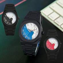 1 pieza Reloj de pulsera de cuarzo clásico y creativo para hombre, de estilo casual de negocios en azul, negro y rosa, con diseño de números arábigos y dibujos animados, adecuado para la oficina, deportes, cumpleaños, regalo para días festivos