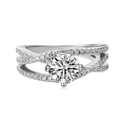 1 pièce Bague de fiançailles en argent sterling 925 avec moissanite de 1 carat pour femmes, avec pierre centrale de coupe brillante ronde, triple bague fendue et pierres serties