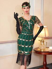 Vestido de fiesta con flecos y lentejuelas de estilo vintage de los años 20 - Verde - Ver 5