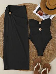 新款春夏优雅性感女士黑色镂空抹胸连体泳衣套装，含罩裙，适合海滩度假派对约会 - 黑色 - 查看 3