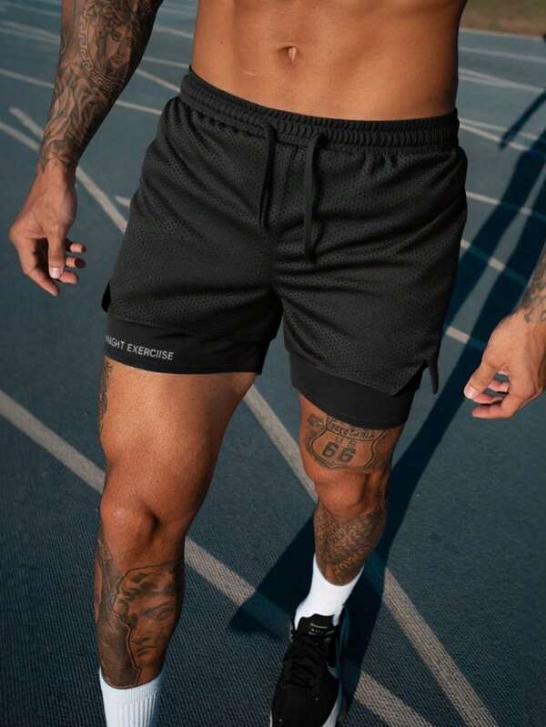 1pc Men's 2 In 1 Summer Sport Quick Dry Shorts, Elastic Casual Fitness Running Undershorts With Letter Print