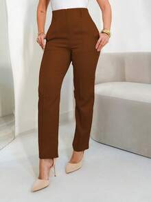MODA MO, REF: 3283 Women's Tailored Trousers, High Waist, With Pockets, Formal, Modern, Elegant, New Collection, Style, Comfortable, Quality Fabric, Sophisticated Look, Versatile, Casual, For Work, Occasional, Women's Fashion Piece, Contemporary Style, Available For Purchase Across The Country - Màu nâu Sô-cô-la - Xem 4