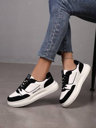 Mocassins décontractés à lacets à semelle épaisse simple, noirs et blancs pour femmes, tige en PU, basse