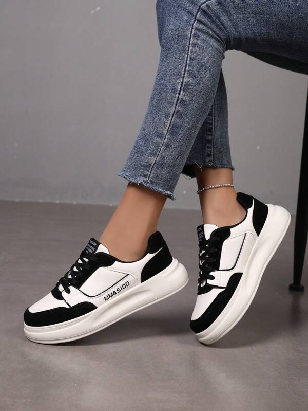 Women's Black & White Simple Thick-Sole Lace-Up Casual Loafers, PU Leather Upper, Low-Top