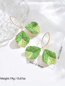 1 对手工制作的纹理绿色拉菲草几何叶图案耳环，时尚设计适合女性休闲、节日、派对穿着 - 綠色 - 查看 4