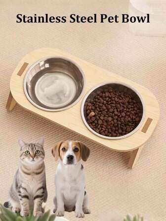 加高宠物碗，带不锈钢宠物碗，宠物喂食器，防翻倒设计，防滑木框，易于组装，天然木质饰面，幼犬粮，猫咪必需品，狗狗用品，狗碗，猫碗，狗狗用品，猫咪用品，狗狗配件，适用于中小型犬猫，双碗（进食+饮水）
