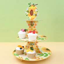 4 Stücke 3-stufiger Cupcake-Ständer im Bienenmotiv - lebendiges Gelb und Grün Design mit Wabenmuster und Blumenmuster, ideal für Baby-Shower, Hochzeit, Geburtstagsparty Dekoration, Bienen Dekor