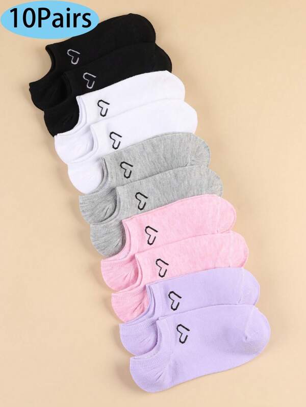 Set de 5 piezas/10 piezas Calcetines multicolor unisex de uso diario esencial, versátiles, transpirables y cómodos para el tobillo, calcetines invisibles de corte bajo de moda informal, calcetines para barco de mujer, estilo minimalista suave, adecuados para todas las estaciones y ocasiones