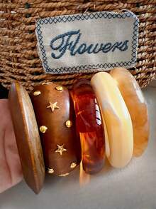 5 chiếc/4 chiếc/1 chiếc Vòng tay nhựa không đối xứng mặt rộng phong cách Âu Mỹ phổ biến dành cho nữ, làm từ gỗ thông tự nhiên, phù hợp với trang phục hàng ngày, trang phục lễ hội, phong cách Boho (Gỗ thông tự nhiên, vân gỗ, vết gỗ là bình thường) - Màu nâu - Xem 13